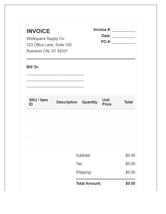 Workspace Supply Inventory Invoice Template
