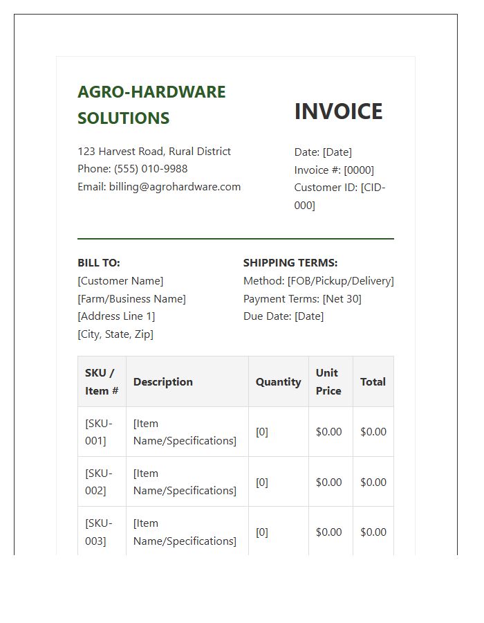 Agricultural Hardware Inventory Billing Invoice Template