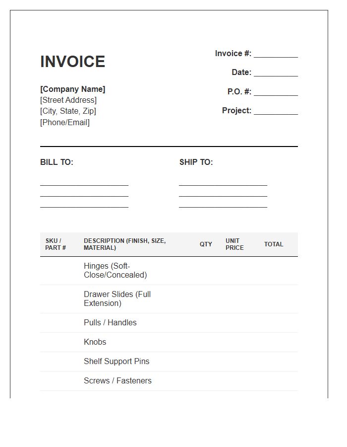 Commercial Cabinet Hardware Inventory Invoice Template
