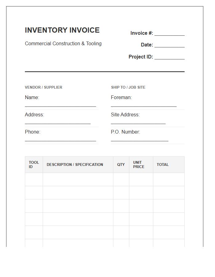 Commercial Construction Tools Inventory Invoice Template