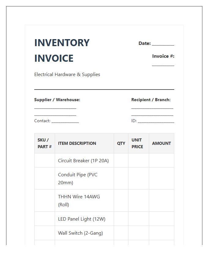Electrical Hardware Stock Inventory Invoice Template