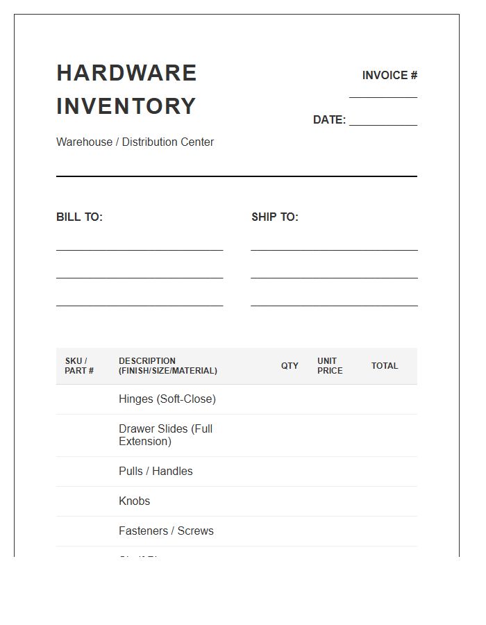Furniture Hardware Inventory List Invoice Template