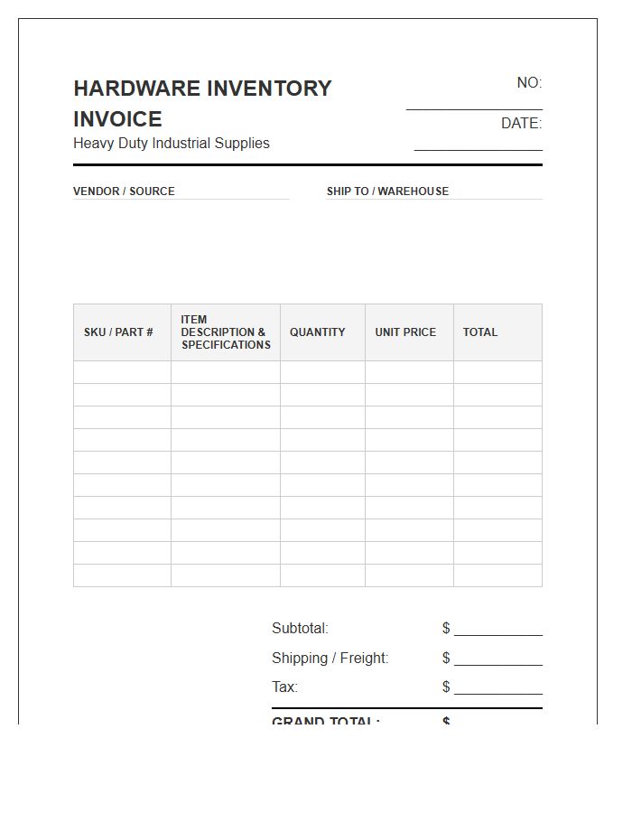Heavy Duty Hardware Inventory Invoice Template