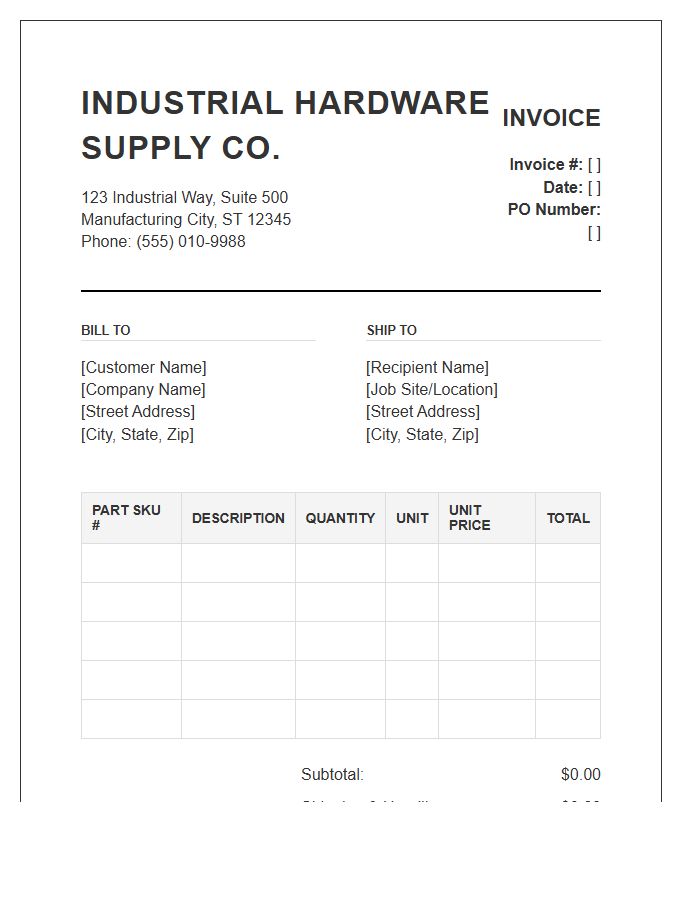 Industrial Hardware Supply Inventory Invoice Template