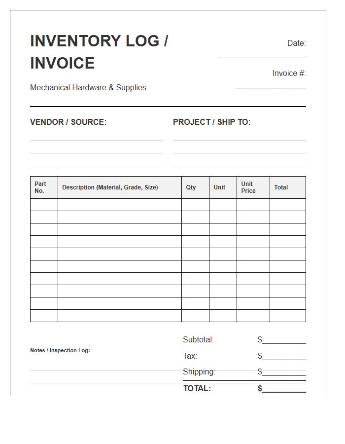 Mechanical Hardware Inventory Log Invoice Template