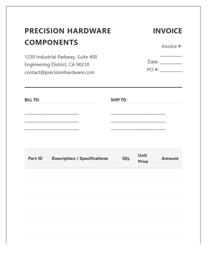 Precision Hardware Components Inventory Invoice Template