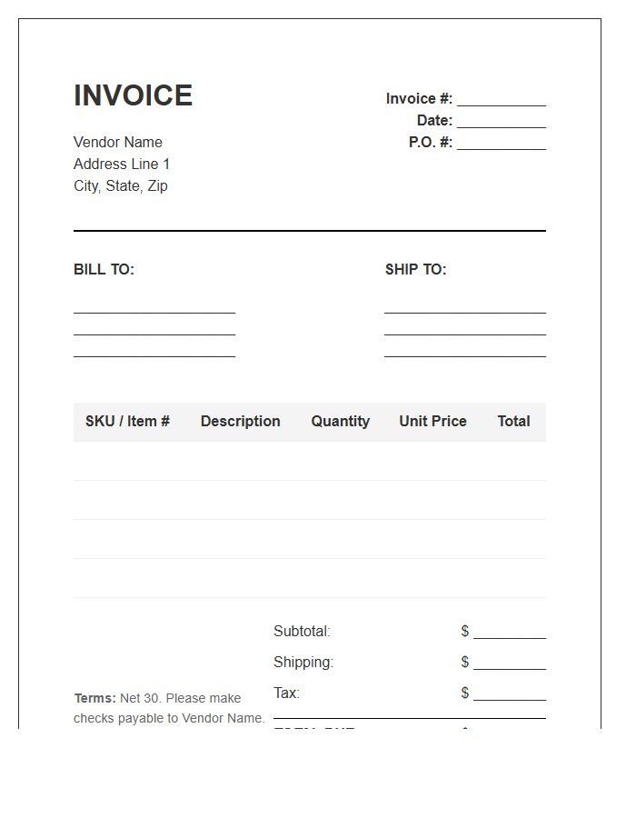 Vendor Hardware Supply Inventory Invoice Template