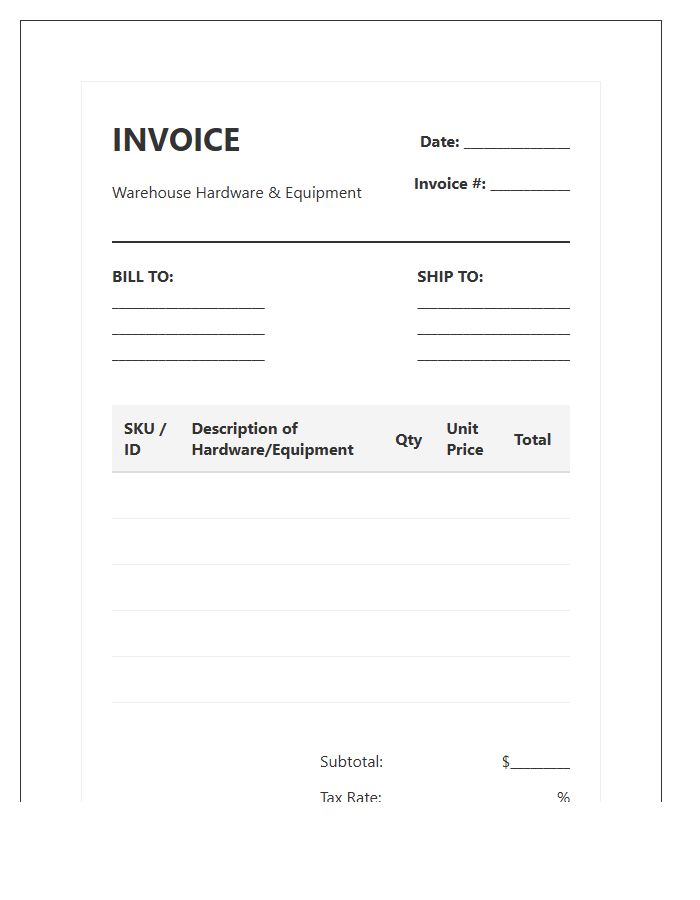 Warehouse Hardware Equipment Inventory Invoice Template