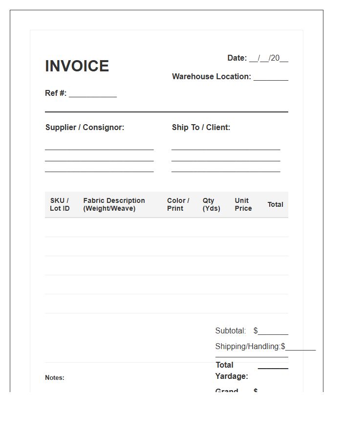 Cotton Yardage Inventory Tracking Invoice Template