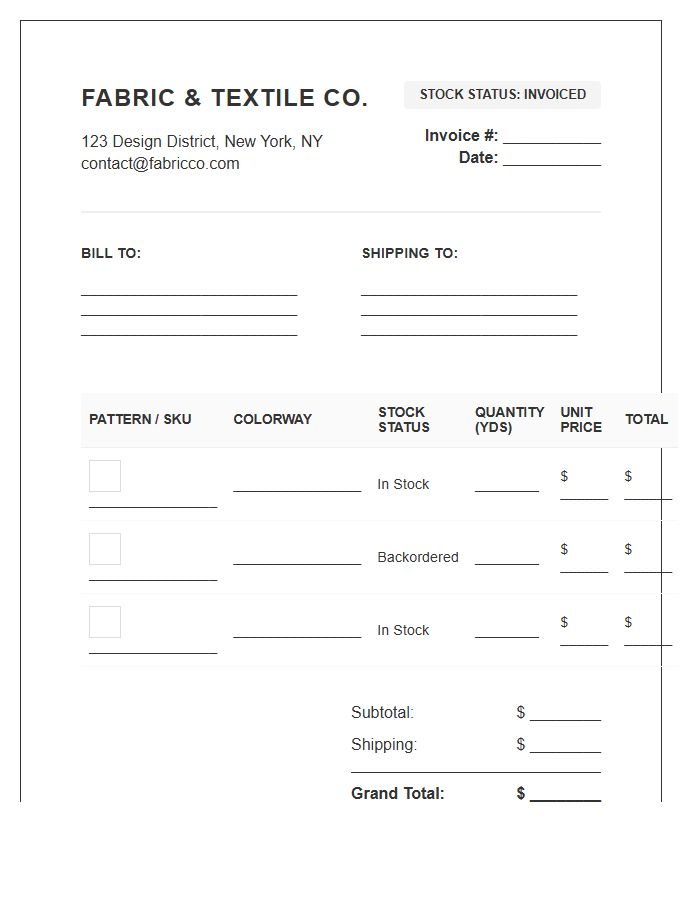 Decorative Fabric Stock Status Invoice Template