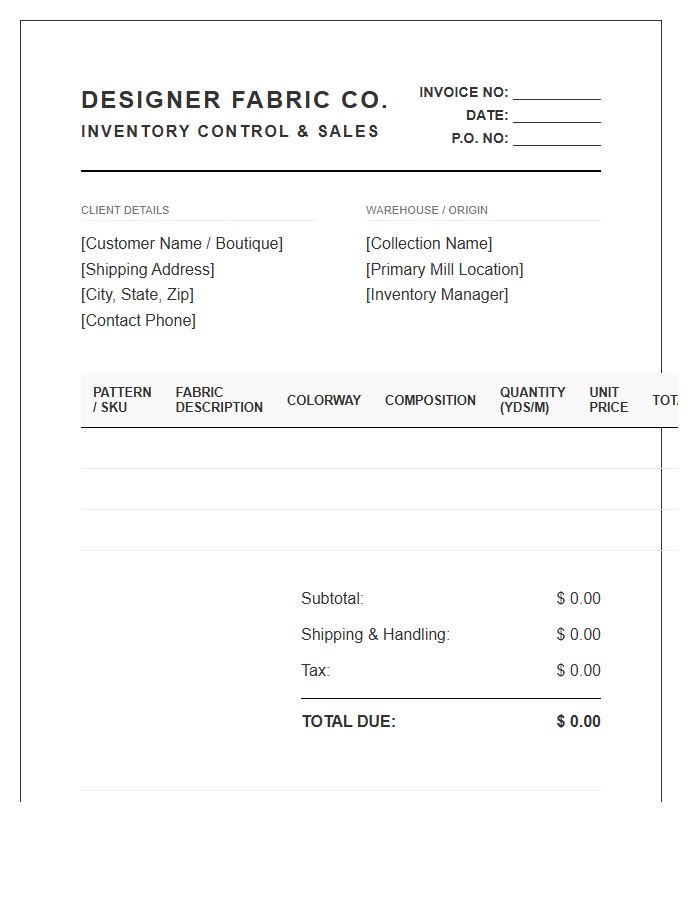 Designer Fabric Collection Inventory Invoice Template