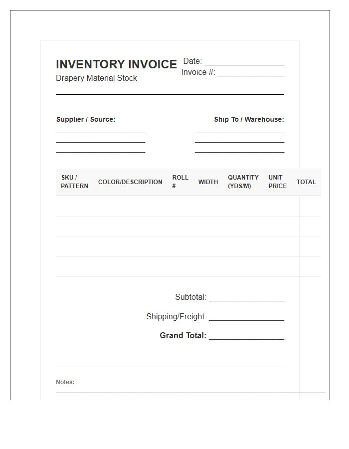 Drapery Material Stock Inventory Invoice Template