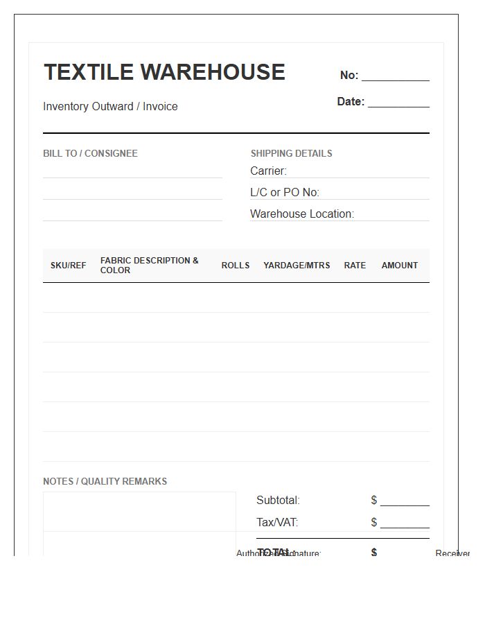 Fashion Textile Warehouse Inventory Invoice Template