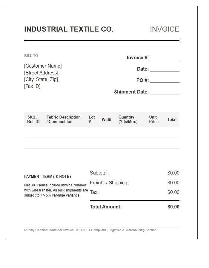 Industrial Textile Bulk Inventory Invoice Template