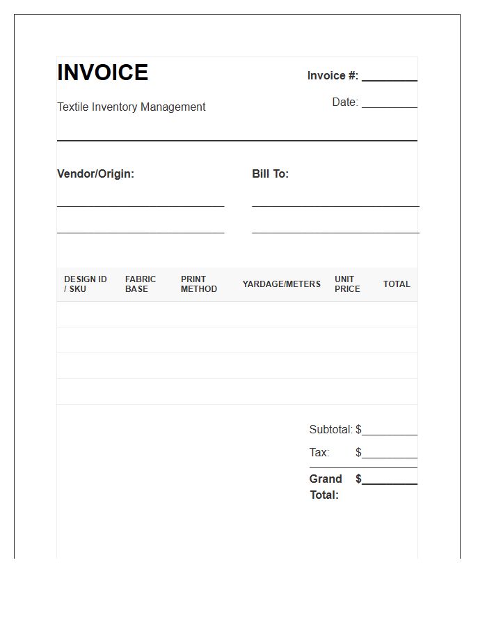 Printed Textile Inventory System Invoice Template