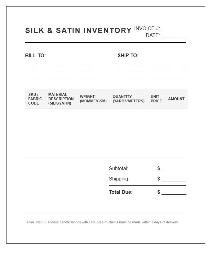 Silk and Satin Inventory Invoice Template