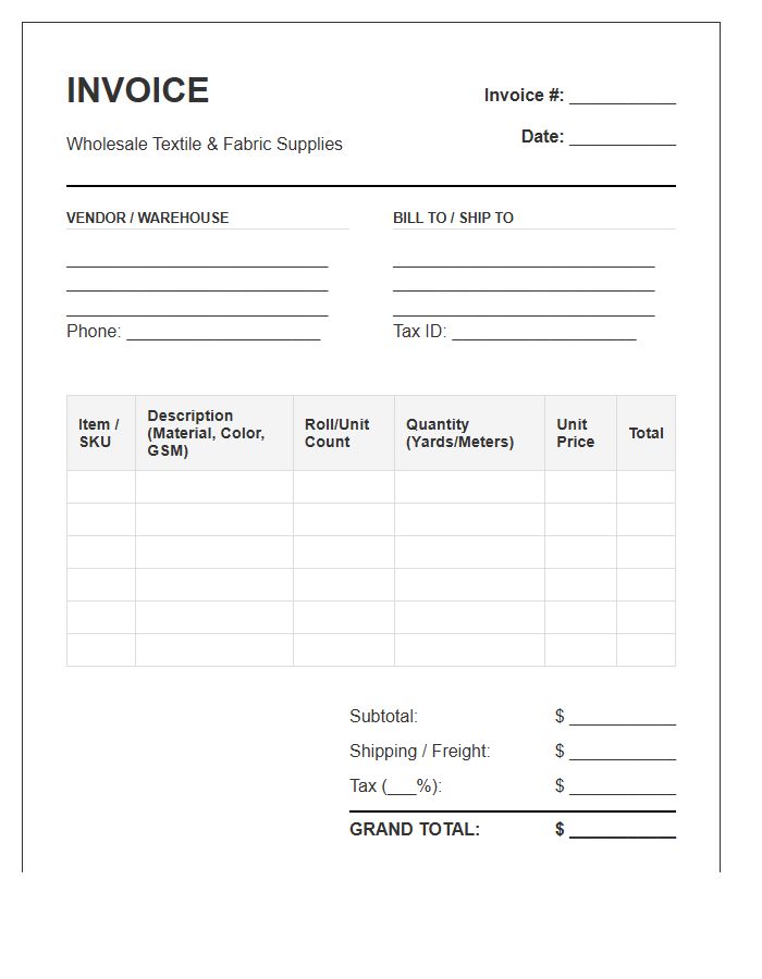 Wholesale Textile Material Inventory Invoice Template
