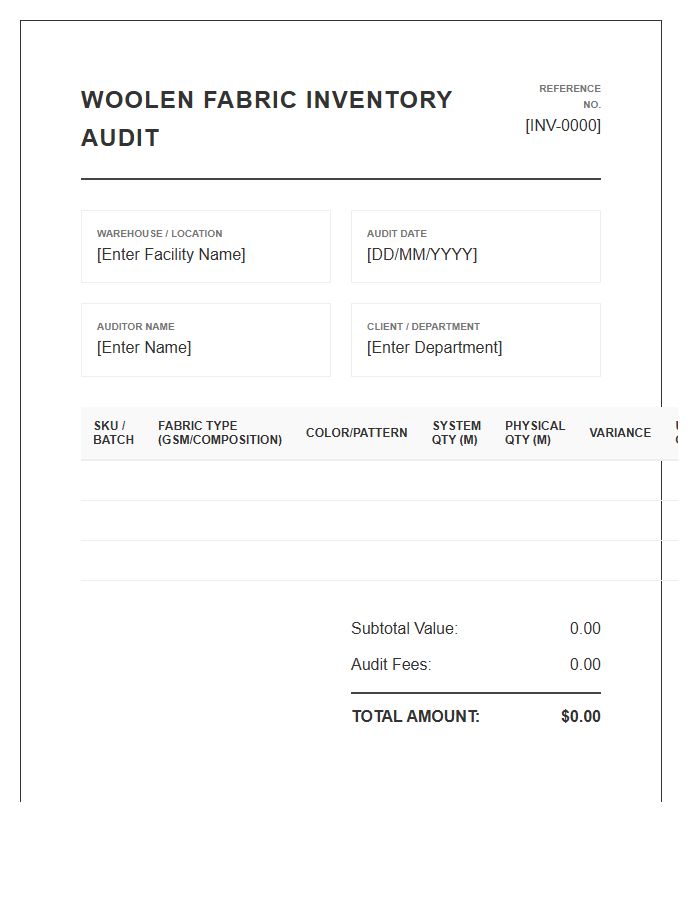 Woolen Fabric Inventory Audit Invoice Template