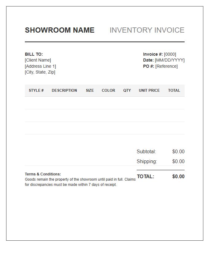 Apparel Showroom Inventory Invoice Template