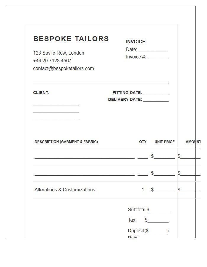 Bespoke Tailoring Boutique Invoice Template