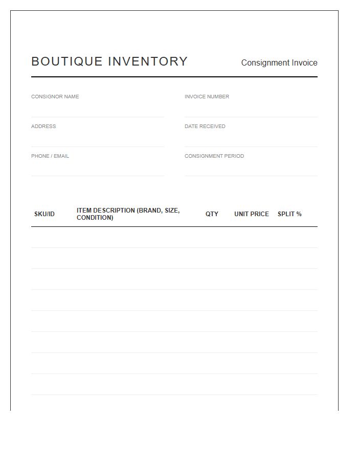 Boutique Consignment Inventory Invoice Template