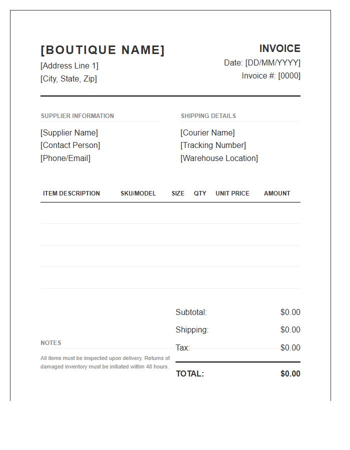 Boutique Footwear Inventory Invoice Template
