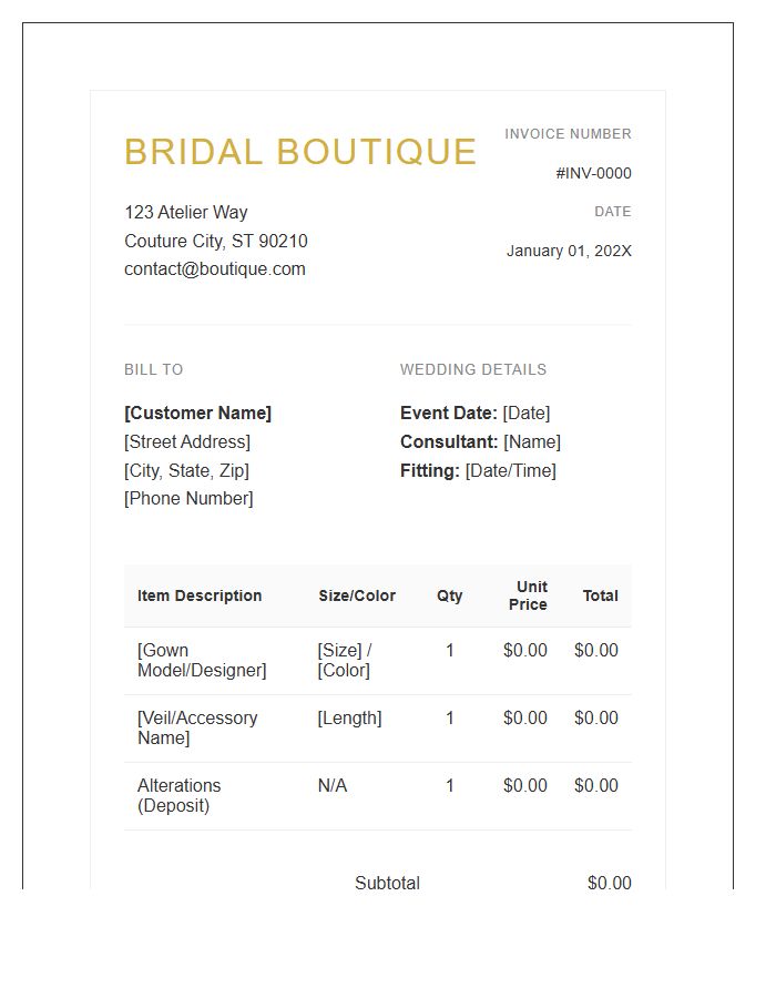 Bridal Boutique Inventory Invoice Template