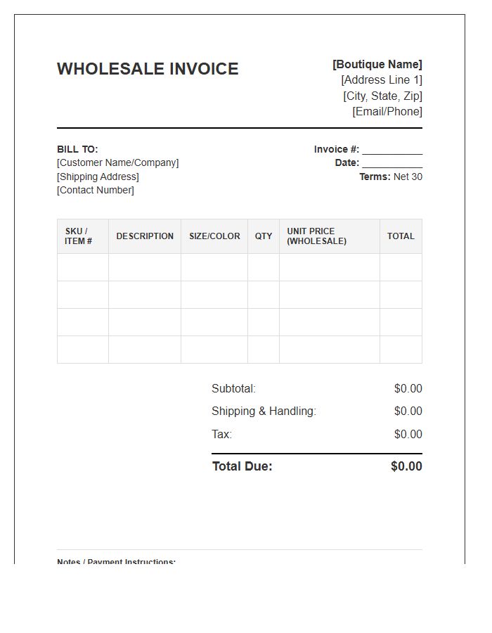 Clothing Boutique Wholesale Inventory Invoice Template