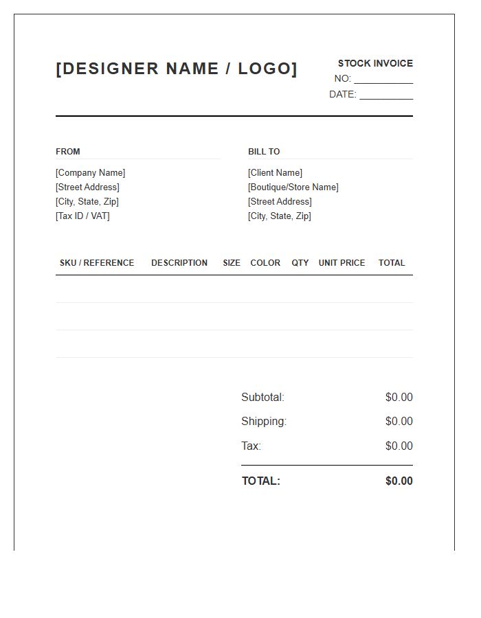 Designer Apparel Stock Invoice Template