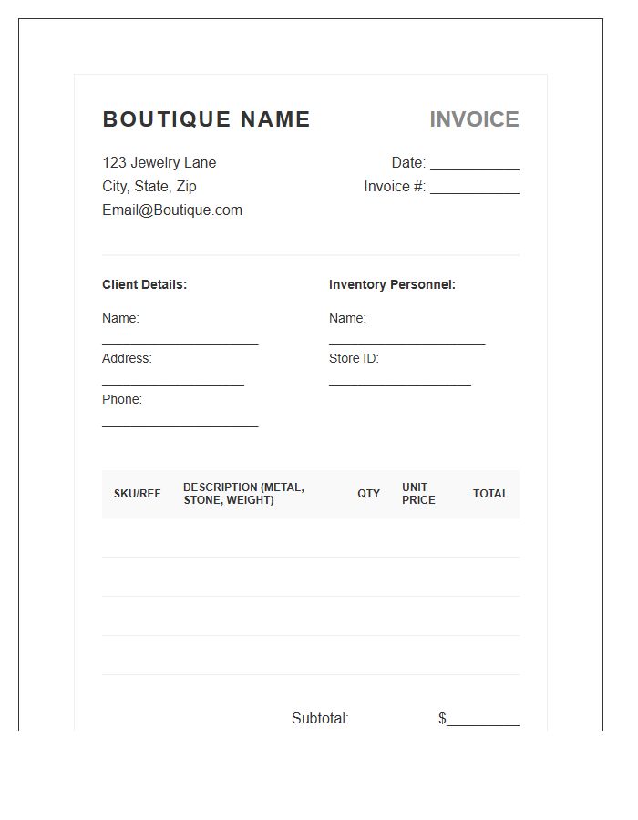 Jewelry Boutique Inventory Invoice Template