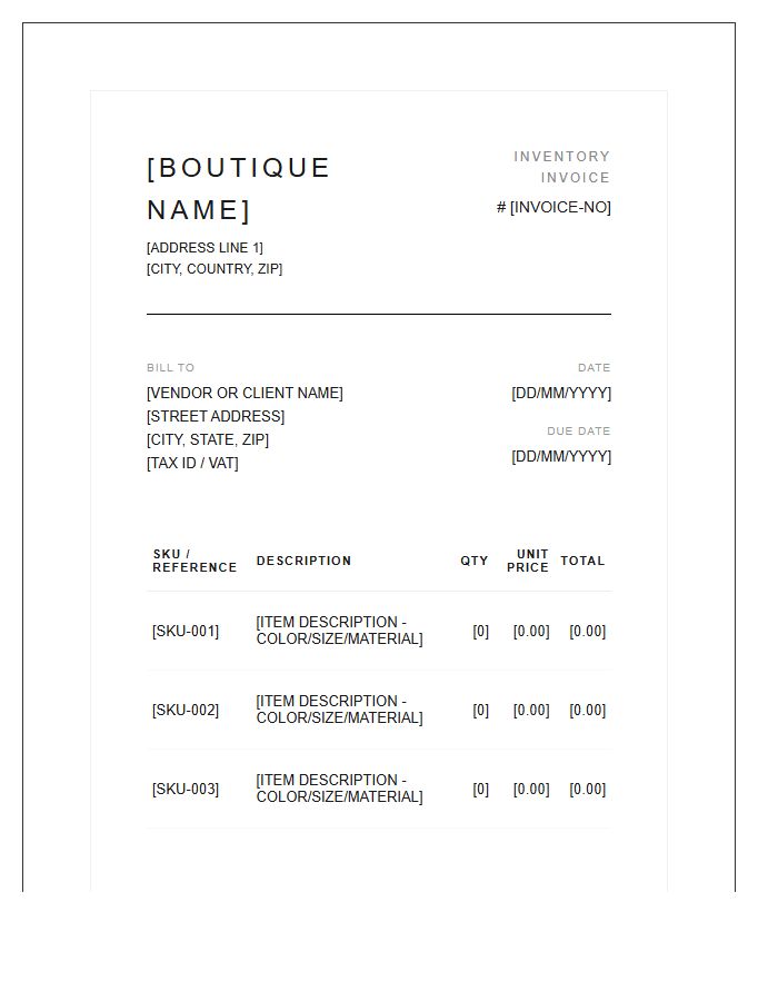 Luxury Boutique Fashion Inventory Invoice Template