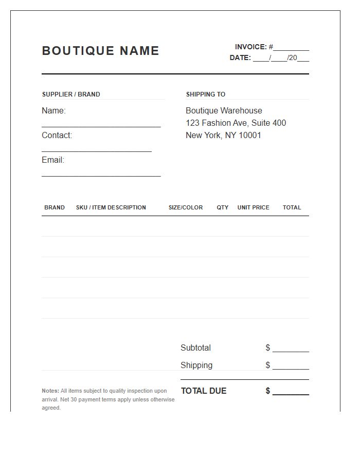 Multi-Brand Boutique Inventory Invoice Template