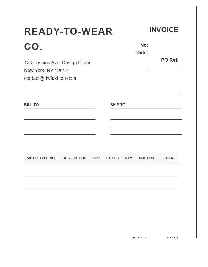 Ready-To-Wear Fashion Inventory Invoice Template