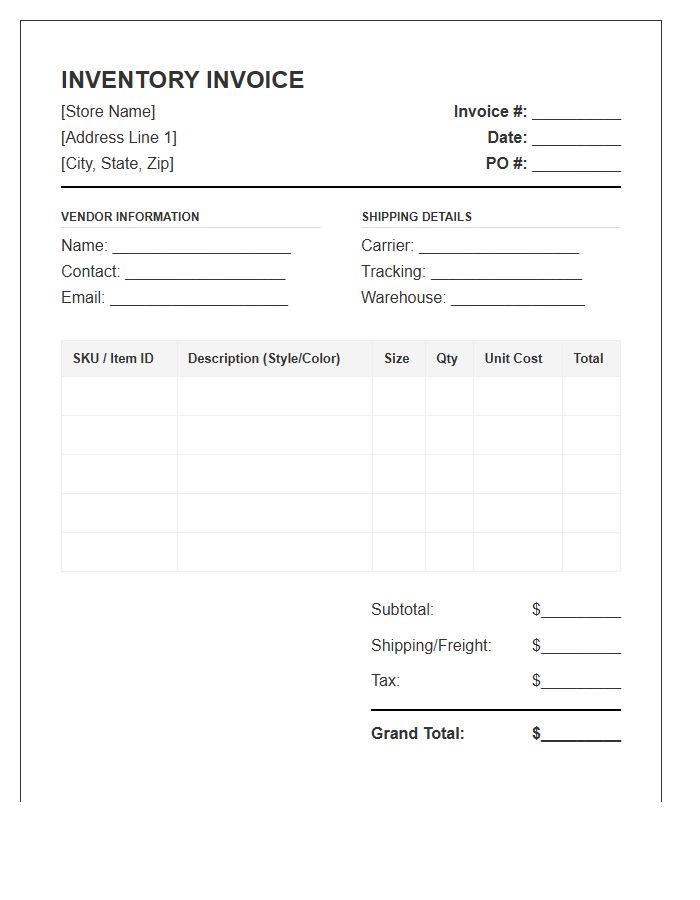 Retail Clothing Inventory Management Invoice Template