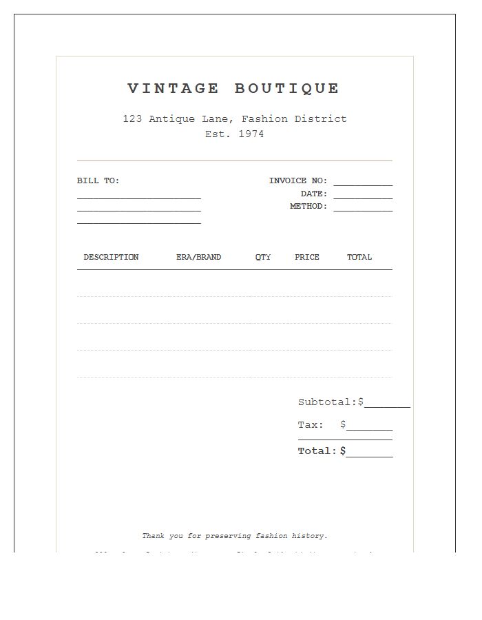 Vintage Boutique Clothing Sales Invoice Template