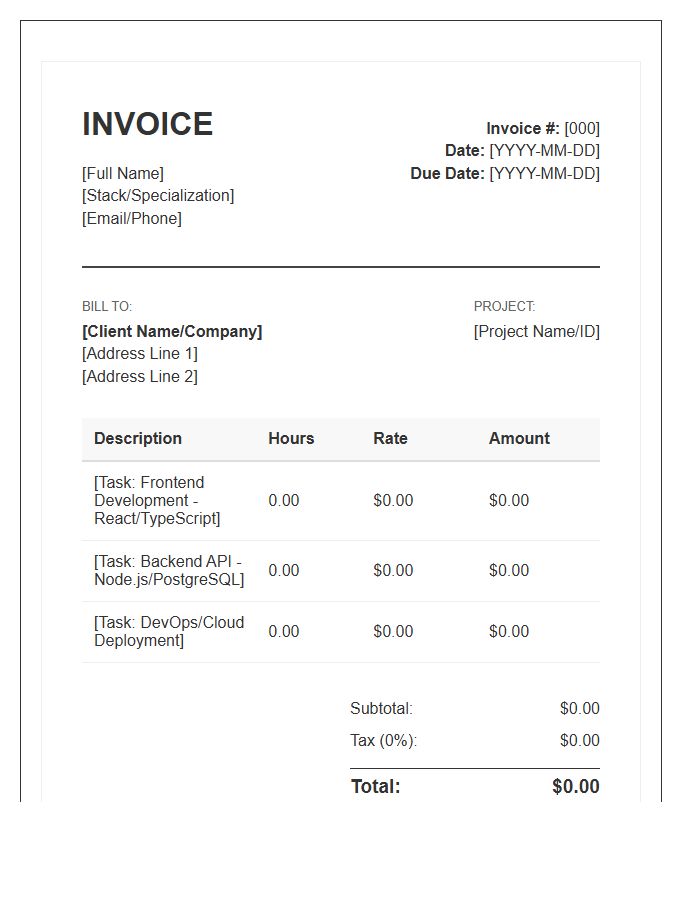 Full Stack Engineer Hourly Invoice Template
