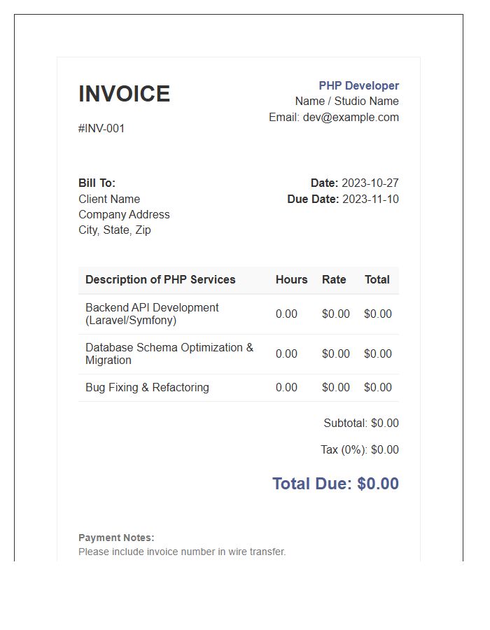 PHP Development Hourly Billing Invoice Template