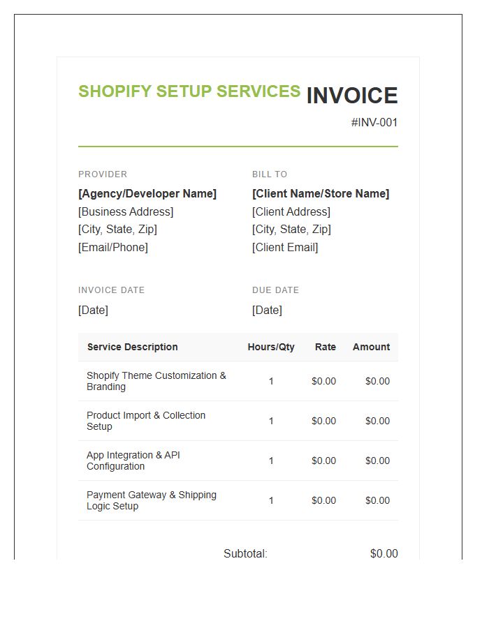 Shopify Store Setup Service Invoice Template