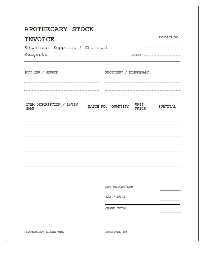 Apothecary Stock Control Invoice Template