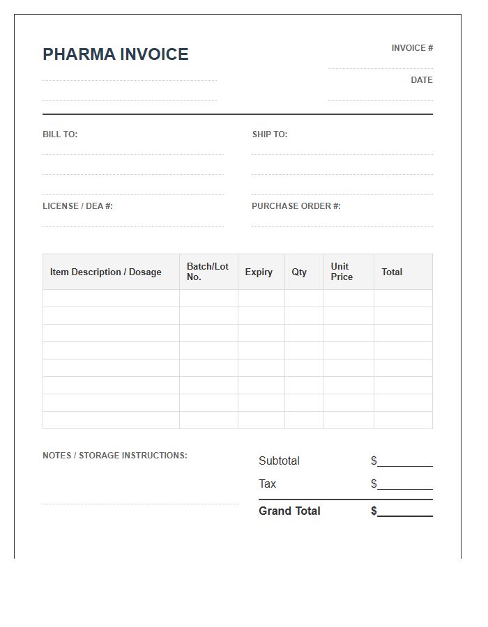 Batch Tracking Medicine Invoice Template