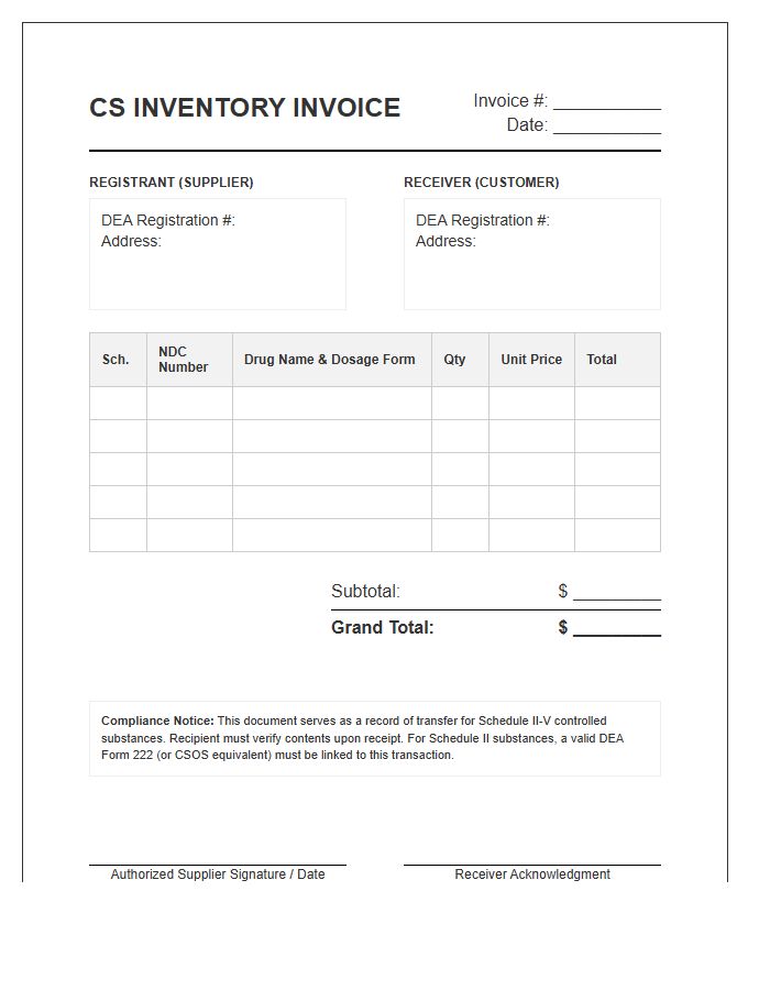 Controlled Substance Inventory Invoice Template