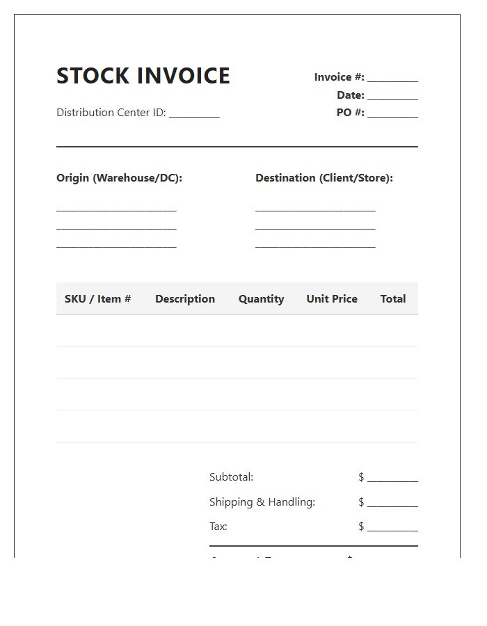 Distribution Center Stock Invoice Template
