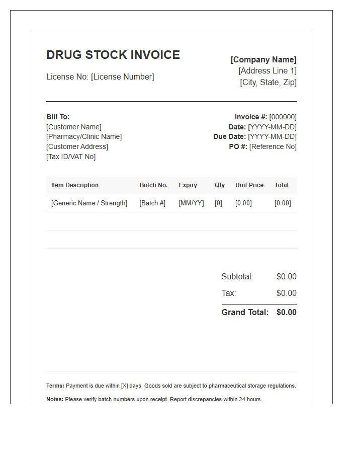 Generic Drug Stock Invoice Template
