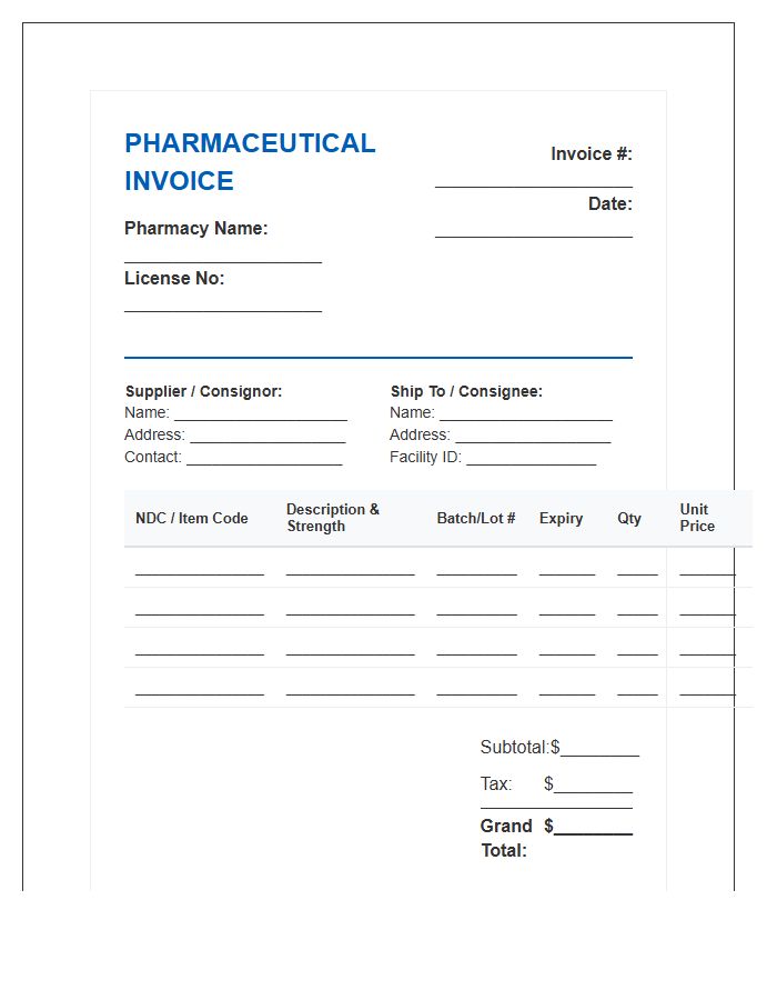 Pharmaceutical Stock Inventory Invoice Template