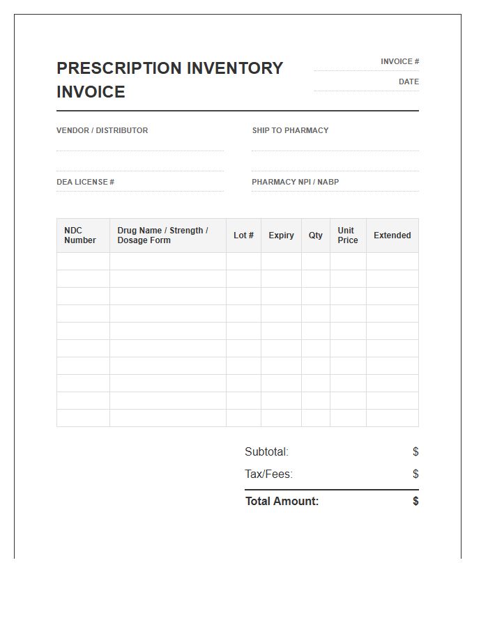 Prescription Drug Inventory Invoice Template