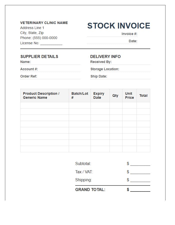 Veterinary Pharmaceutical Stock Invoice Template