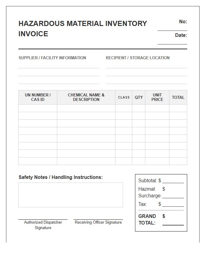 Hazardous Material Inventory Tracking Invoice Template