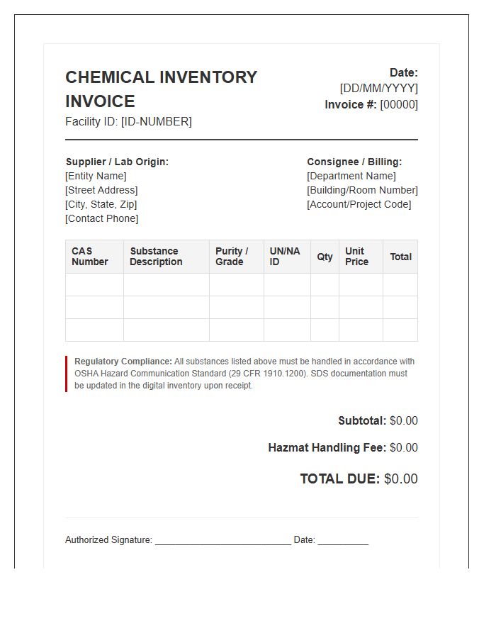 Specialized Chemical Substance Inventory Invoice Template