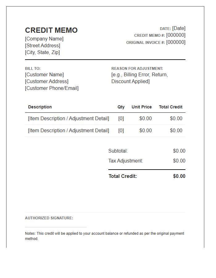Billing Adjustment Credit Memo Invoice Template