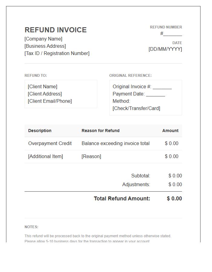 Client Overpayment Refund Invoice Template
